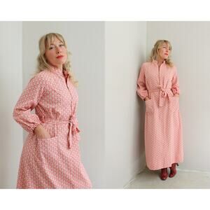 1970's Vintage Geometric Coral Day Dress ~ Women's SM MD  Belted Polyester 70's